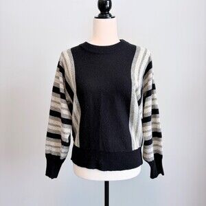 VTG 90s Lambs Wool Sweater Dolman Sleeve Chic Cozy Black White Stripes Women's M